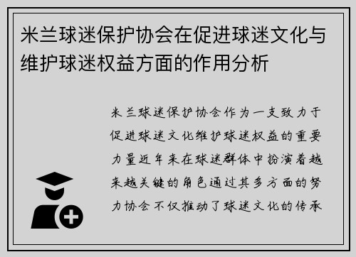 米兰球迷保护协会在促进球迷文化与维护球迷权益方面的作用分析